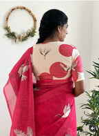 Women's Linen Printed Saree With Unstitched Blouse - 5.5 Mtr (Pink)
