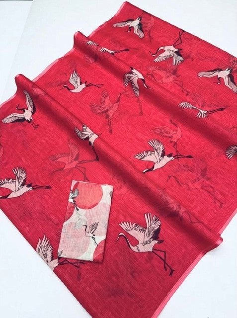 Women's Linen Printed Saree With Unstitched Blouse - 5.5 Mtr (Pink)