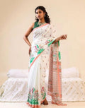 Women's Linen Floral Printed Saree With Unstitched Blouse - 5.5 Mtr (White)