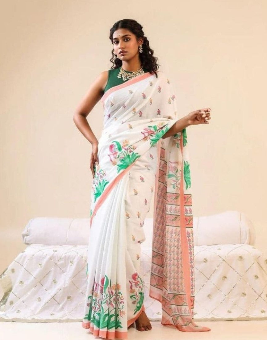 Women's Linen Floral Printed Saree With Unstitched Blouse - 5.5 Mtr (White)
