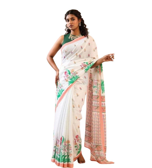 Women's Linen Floral Printed Saree With Unstitched Blouse - 5.5 Mtr (White)
