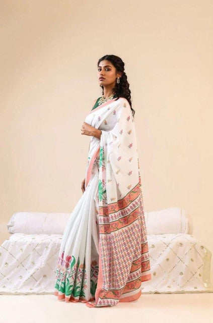 Women's Linen Floral Printed Saree With Unstitched Blouse - 5.5 Mtr (White)