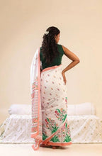 Women's Linen Floral Printed Saree With Unstitched Blouse - 5.5 Mtr (White)