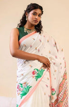 Women's Linen Floral Printed Saree With Unstitched Blouse - 5.5 Mtr (White)