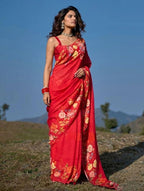 Women's Linen Floral Printed Saree With Unstitched Blouse - 5.5 Mtr (Red)