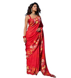 Women's Linen Floral Printed Saree With Unstitched Blouse - 5.5 Mtr (Red)