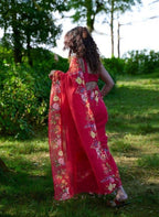 Women's Linen Floral Printed Saree With Unstitched Blouse - 5.5 Mtr (Red)