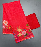 Women's Linen Floral Printed Saree With Unstitched Blouse - 5.5 Mtr (Red)
