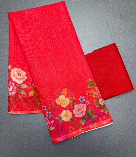 Women's Linen Floral Printed Saree With Unstitched Blouse - 5.5 Mtr (Red)