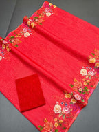 Women's Linen Floral Printed Saree With Unstitched Blouse - 5.5 Mtr (Red)