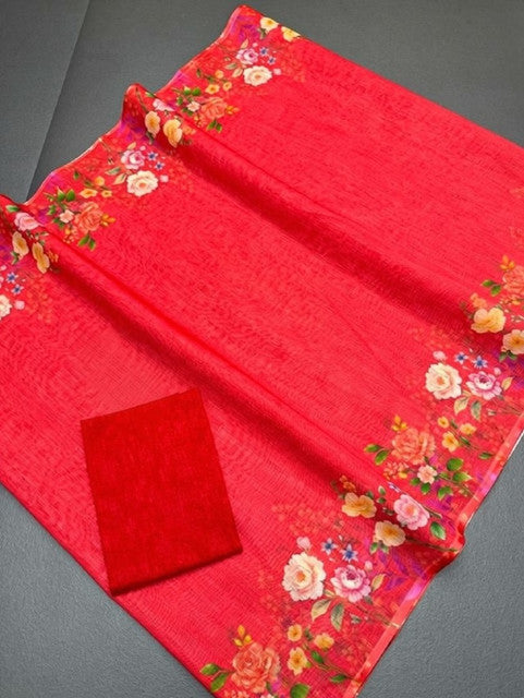 Women's Linen Floral Printed Saree With Unstitched Blouse - 5.5 Mtr (Red)