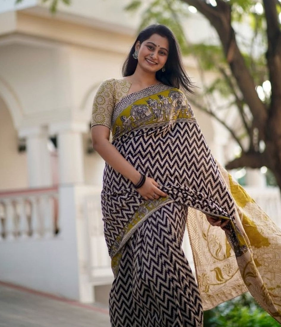 Women's Linen Kalamkari Printed Saree With Unstitched Blouse - 5.5 Mtr (Purple)