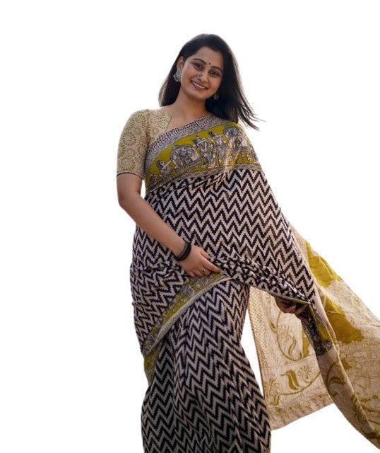 Women's Linen Kalamkari Printed Saree With Unstitched Blouse - 5.5 Mtr (Purple)