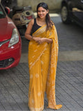 Women's Linen Printed Saree With Unstitched Blouse - 5.5 Mtr (Yellow)