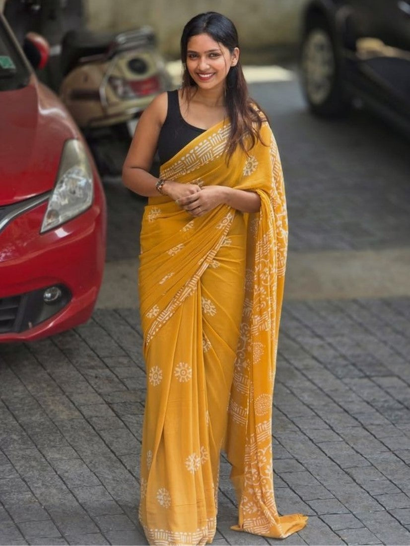 Women's Linen Printed Saree With Unstitched Blouse - 5.5 Mtr (Yellow)
