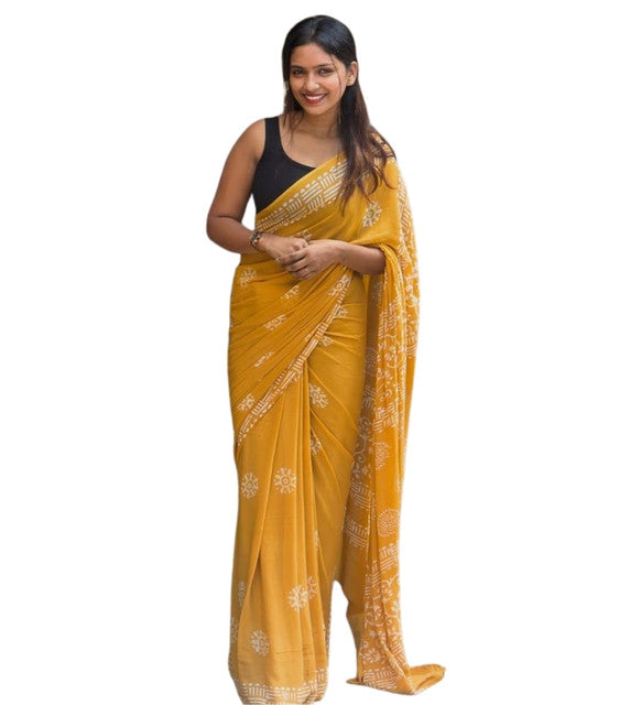 Women's Linen Printed Saree With Unstitched Blouse - 5.5 Mtr (Yellow)