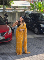 Women's Linen Printed Saree With Unstitched Blouse - 5.5 Mtr (Yellow)