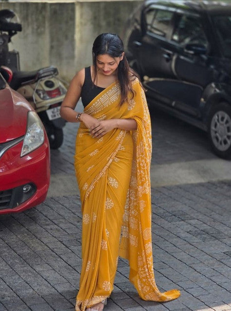 Women's Linen Printed Saree With Unstitched Blouse - 5.5 Mtr (Yellow)