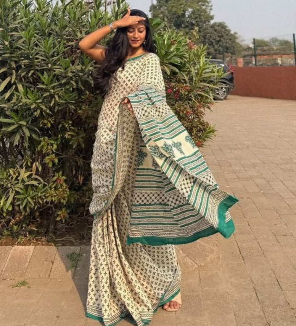 Women's Linen Printed Saree With Unstitched Blouse - 5.5 Mtr (Off White)