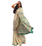 Women's Linen Printed Saree With Unstitched Blouse - 5.5 Mtr (Off White)