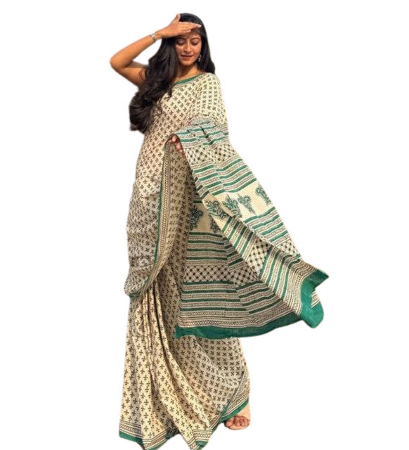 Women's Linen Printed Saree With Unstitched Blouse - 5.5 Mtr (Off White)