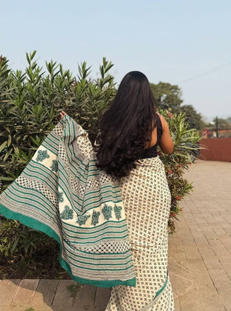 Women's Linen Printed Saree With Unstitched Blouse - 5.5 Mtr (Off White)