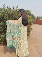 Women's Linen Printed Saree With Unstitched Blouse - 5.5 Mtr (Off White)