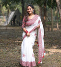 Women's Linen Floral Printed Saree With Unstitched Blouse - 5.5 Mtr (White-Red)