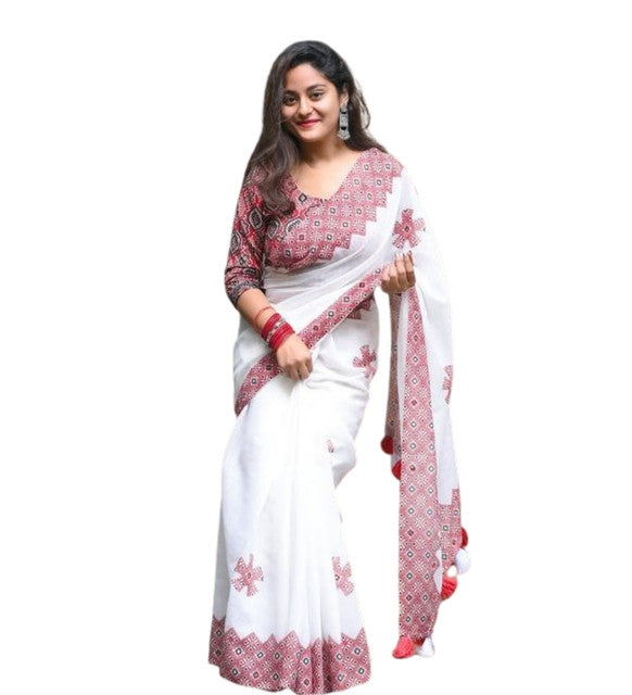 Women's Linen Floral Printed Saree With Unstitched Blouse - 5.5 Mtr (White-Red)