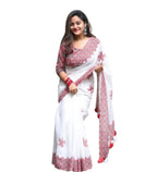 Women's Linen Floral Printed Saree With Unstitched Blouse - 5.5 Mtr (White-Red)