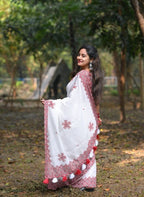 Women's Linen Floral Printed Saree With Unstitched Blouse - 5.5 Mtr (White-Red)