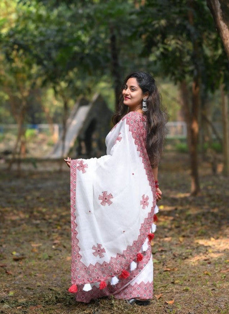Women's Linen Floral Printed Saree With Unstitched Blouse - 5.5 Mtr (White-Red)