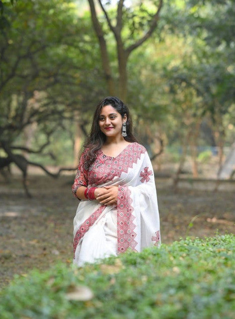 Women's Linen Floral Printed Saree With Unstitched Blouse - 5.5 Mtr (White-Red)