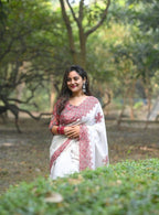 Women's Linen Floral Printed Saree With Unstitched Blouse - 5.5 Mtr (White-Red)