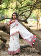 Women's Linen Floral Printed Saree With Unstitched Blouse - 5.5 Mtr (White-Red)