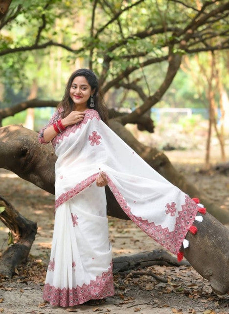Women's Linen Floral Printed Saree With Unstitched Blouse - 5.5 Mtr (White-Red)