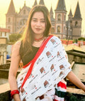 Women's Linen Printed Saree With Unstitched Blouse - 5.5 Mtr (White-Red)