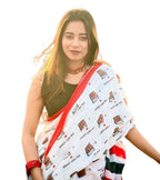 Women's Linen Printed Saree With Unstitched Blouse - 5.5 Mtr (White-Red)