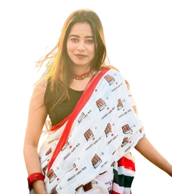 Women's Linen Printed Saree With Unstitched Blouse - 5.5 Mtr (White-Red)
