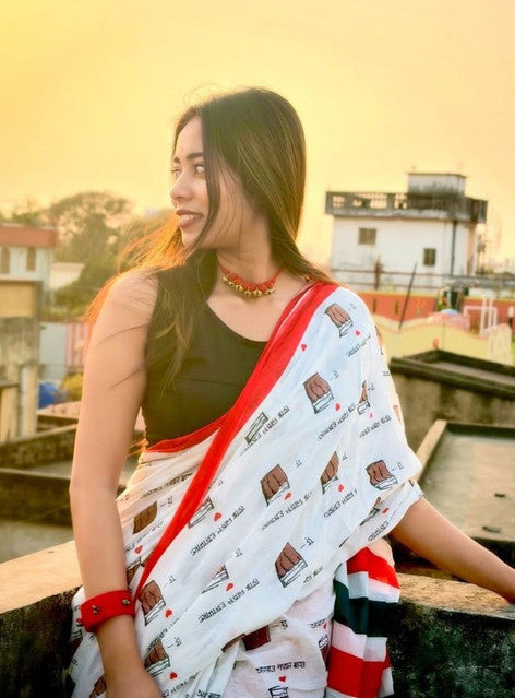 Women's Linen Printed Saree With Unstitched Blouse - 5.5 Mtr (White-Red)