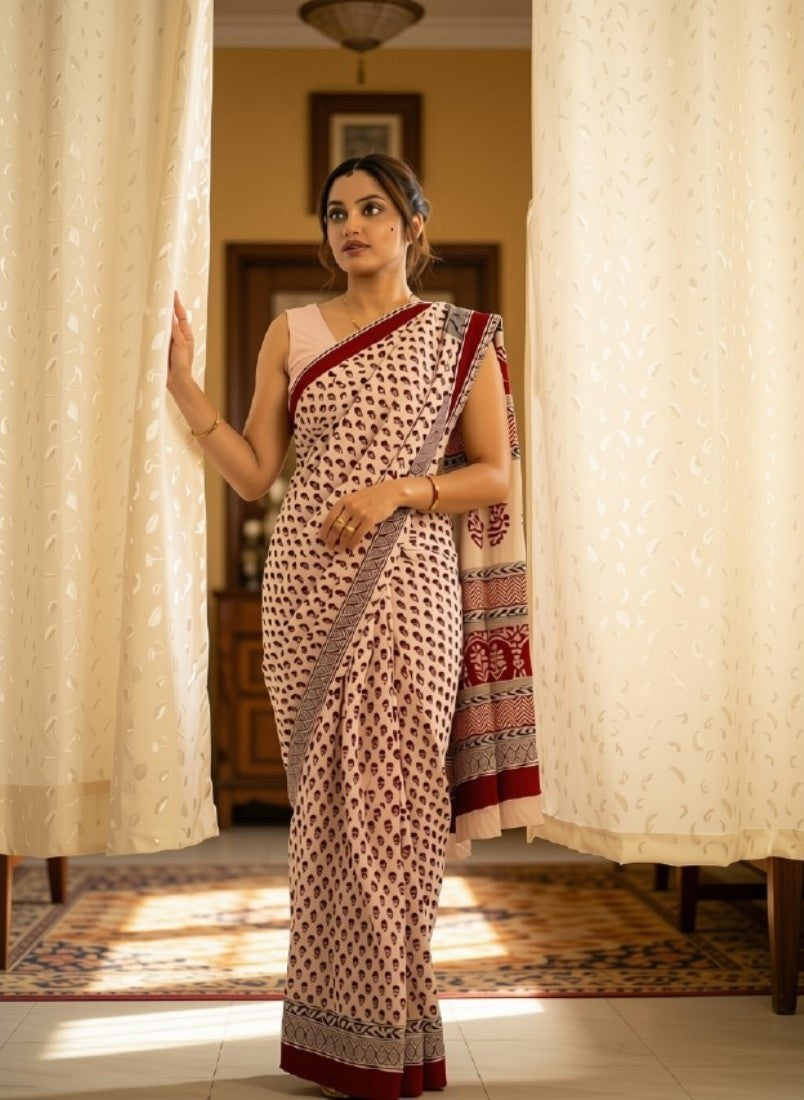 Women's Linen Printed Saree With Unstitched Blouse - 5.5 Mtr (Off White)