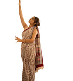 Women's Linen Printed Saree With Unstitched Blouse - 5.5 Mtr (Off White)
