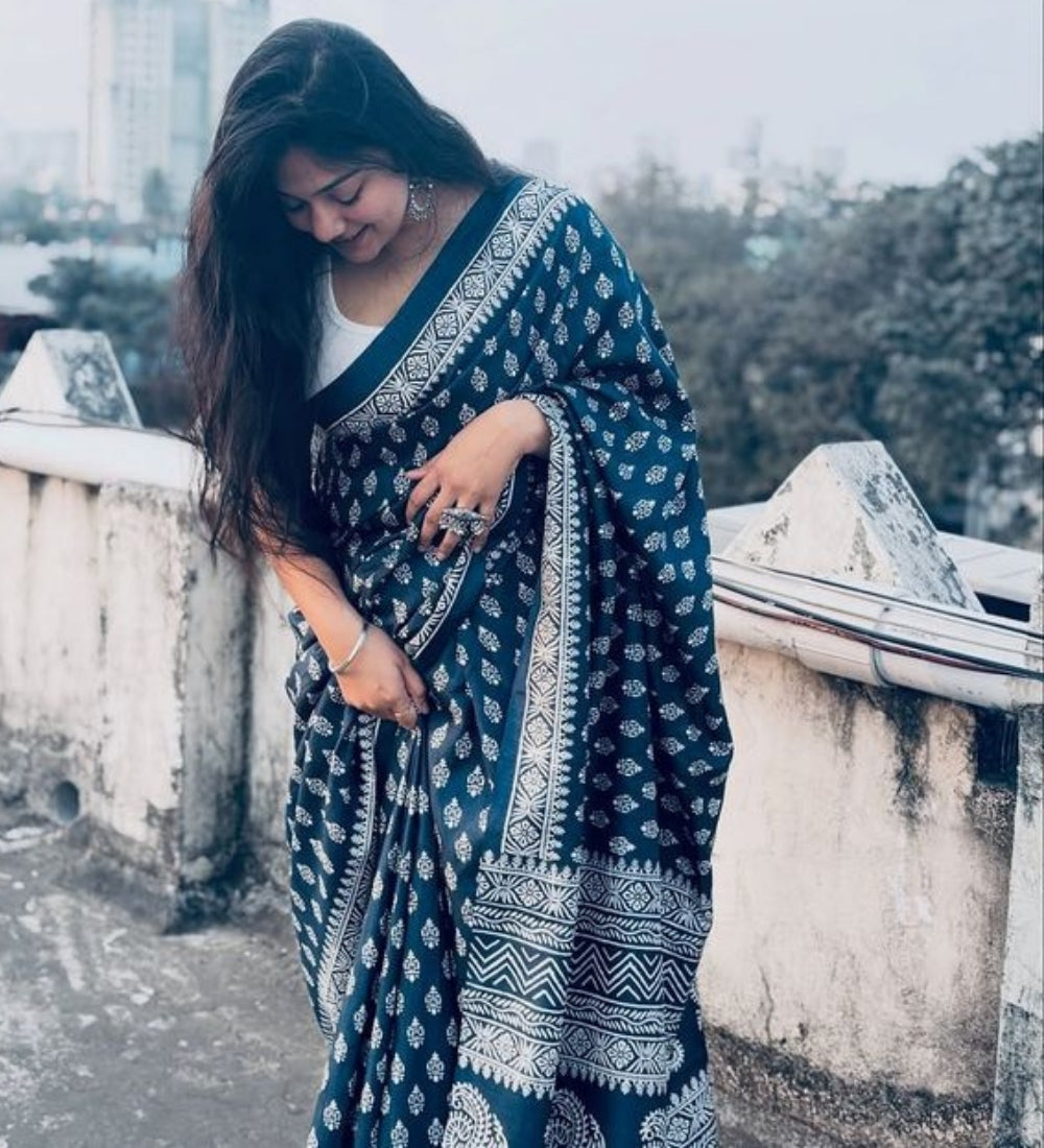 Women's Linen Printed Saree With Unstitched Blouse - 5.5 Mtr (Navy Blue)