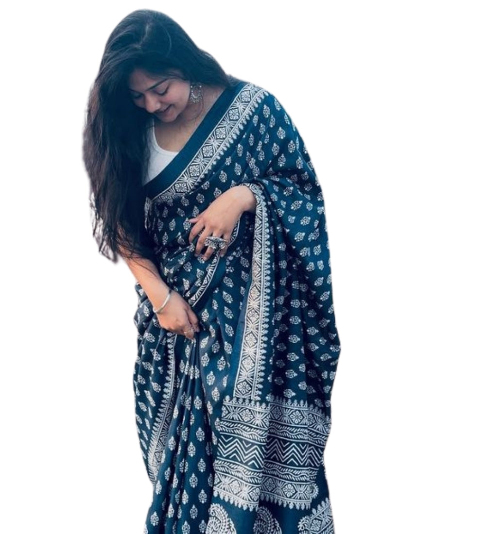 Women's Linen Printed Saree With Unstitched Blouse - 5.5 Mtr (Navy Blue)