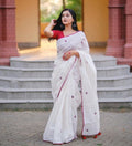 Women's Linen Embroidered Saree With Unstitched Blouse - 5.5 Mtr (White-Red)