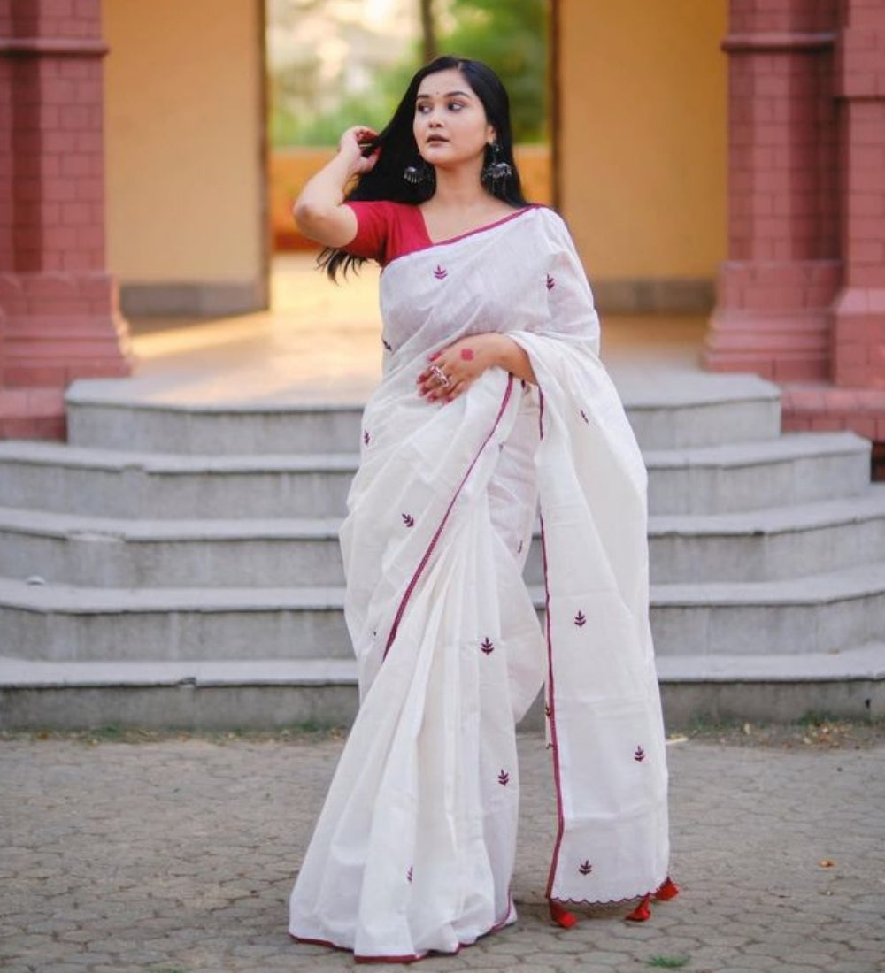 Women's Linen Embroidered Saree With Unstitched Blouse - 5.5 Mtr (White-Red)