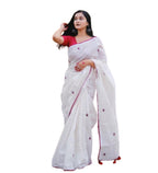 Women's Linen Embroidered Saree With Unstitched Blouse - 5.5 Mtr (White-Red)