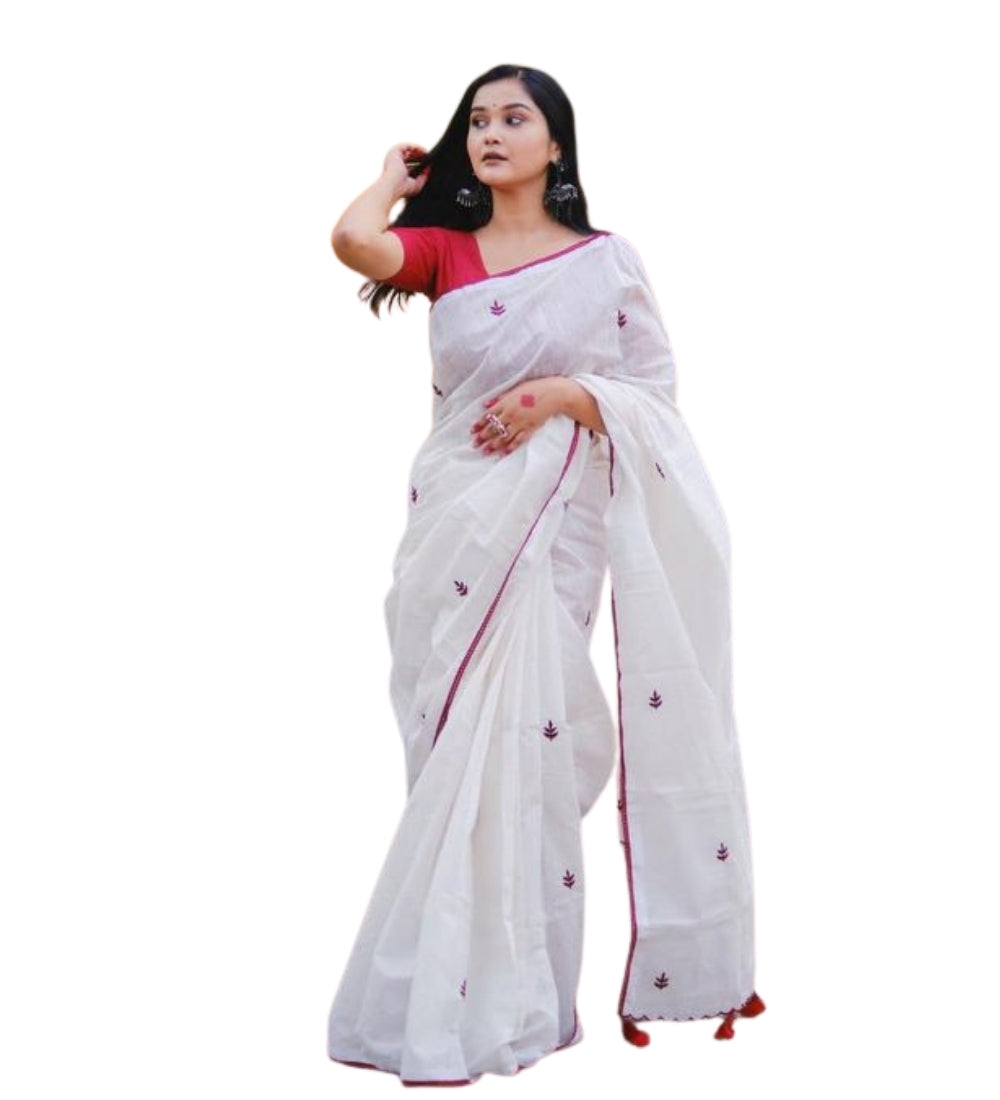 Women's Linen Embroidered Saree With Unstitched Blouse - 5.5 Mtr (White-Red)