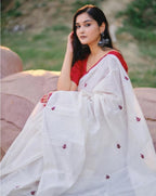 Women's Linen Embroidered Saree With Unstitched Blouse - 5.5 Mtr (White-Red)