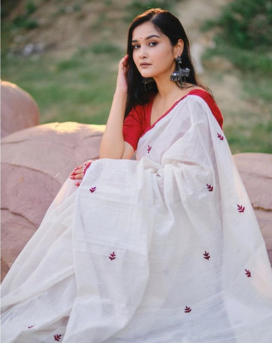 Women's Linen Embroidered Saree With Unstitched Blouse - 5.5 Mtr (White-Red)